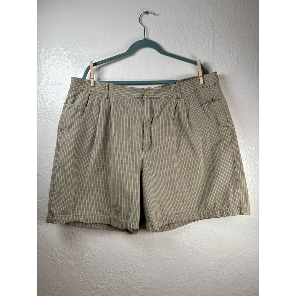 Pleated Shorts 22W Olive Green Striped Cotton High Rise Earthy Preppy Grandma